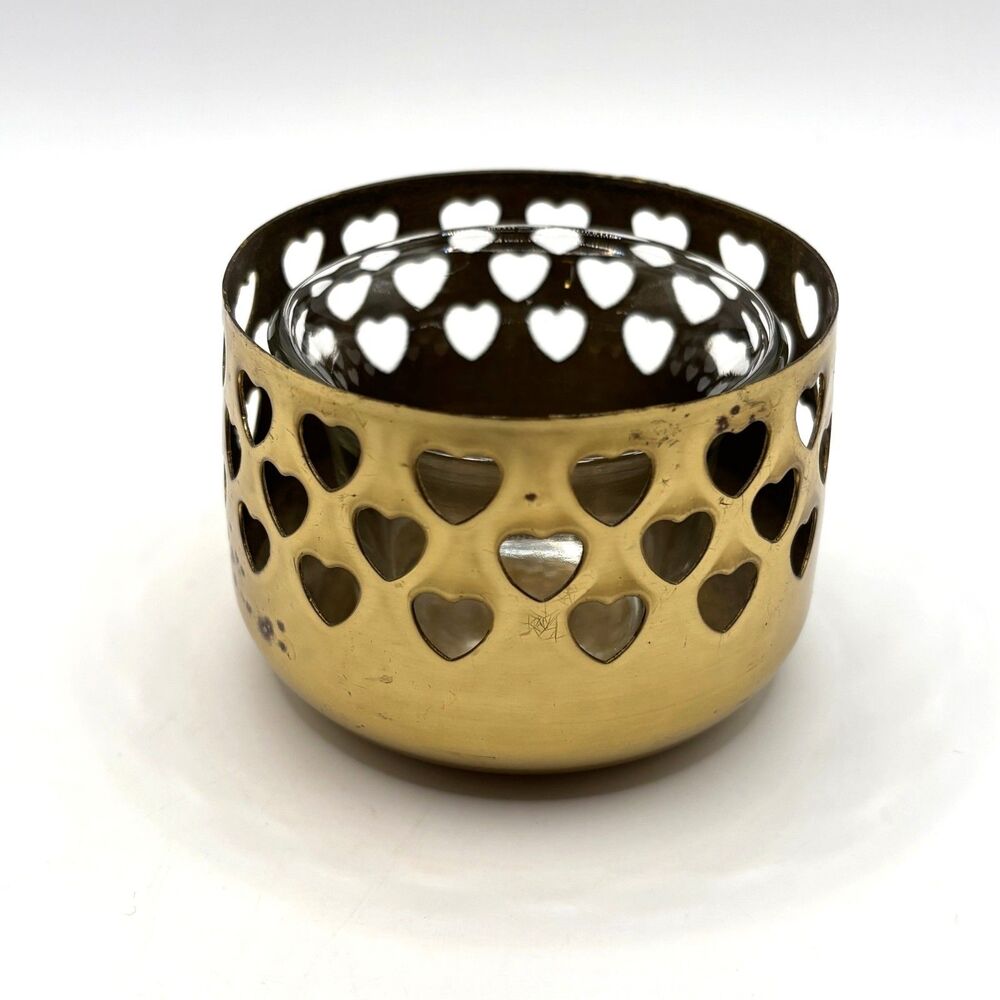 Vintage PartyLite Brass Votive Tealight Holder Heart Cut Outs With Glass Holder